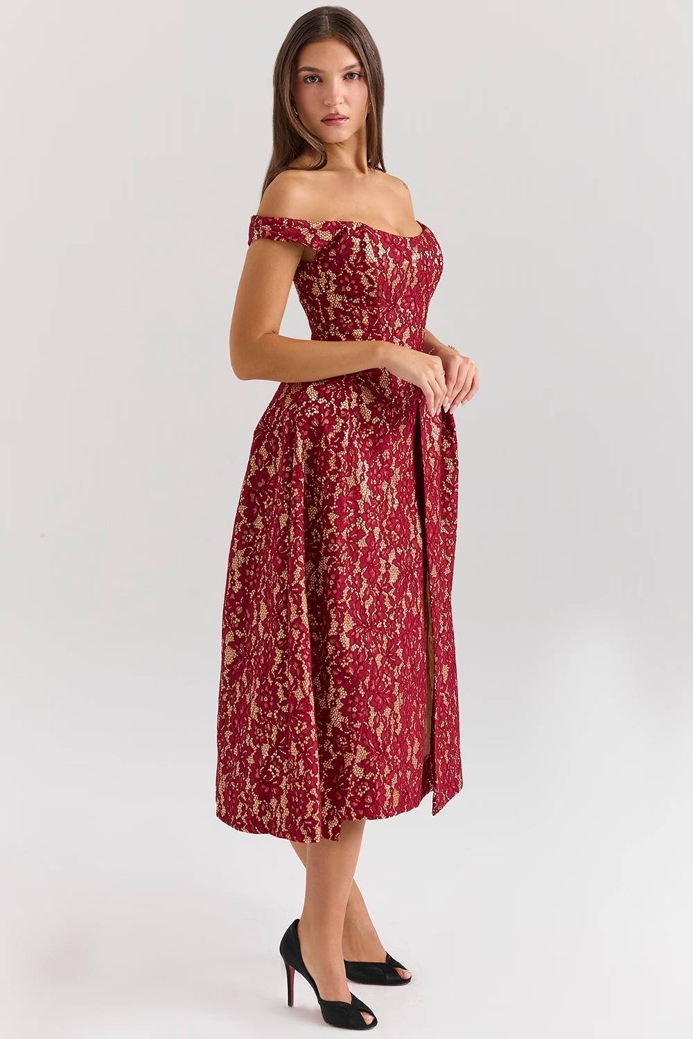 CHARMING Gold And Berry Lace Midi Off Shoulder Dress  Gemma Chic