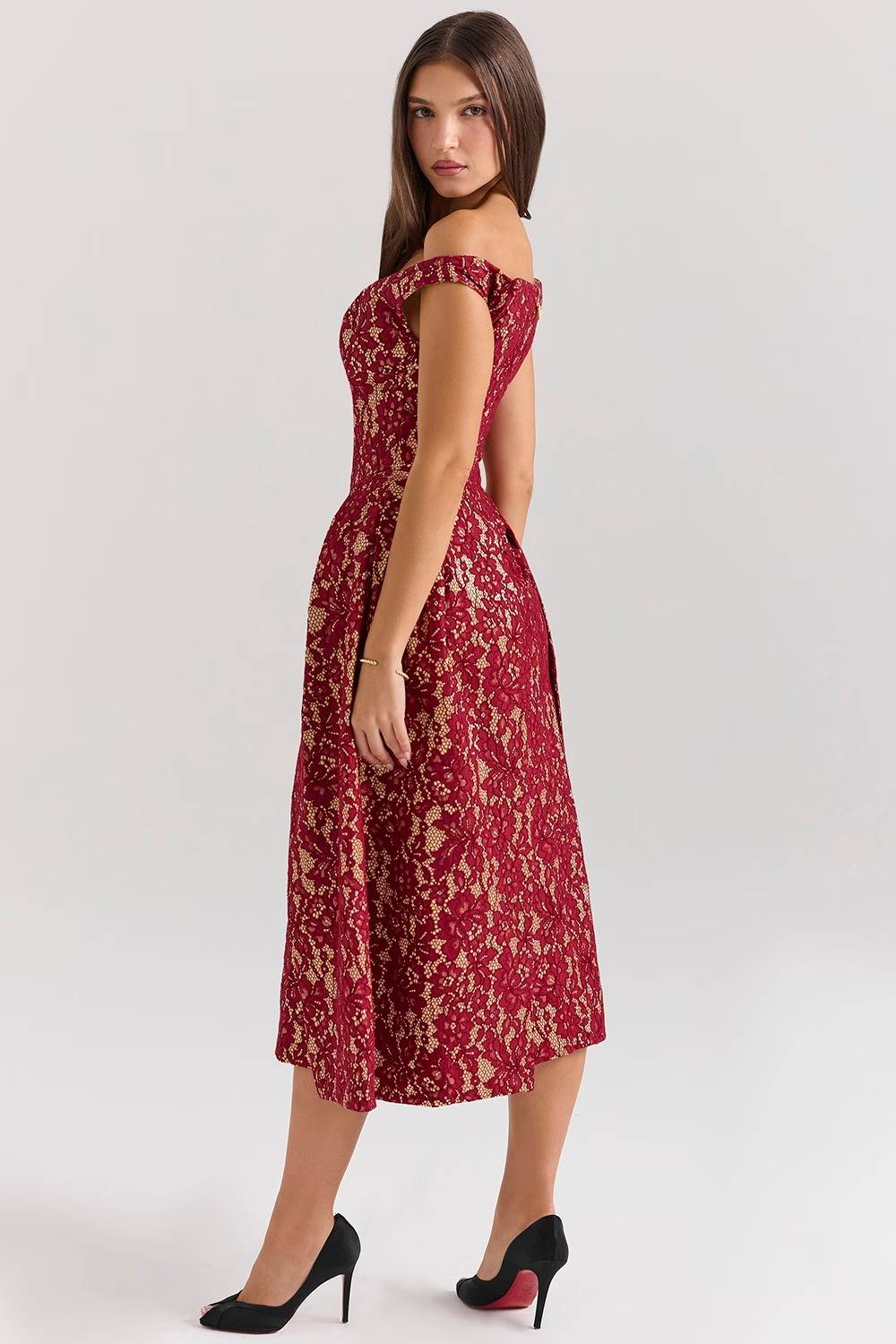 CHARMING Gold And Berry Lace Midi Off Shoulder Dress  Gemma Chic