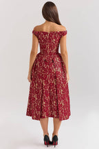 CHARMING Gold And Berry Lace Midi Off Shoulder Dress  Gemma Chic