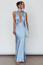Italia Azure Halterneck Maxi Dress Blue  GEMMACHIC