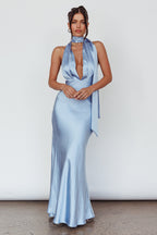 Italia Azure Halterneck Maxi Dress Blue  GEMMACHIC