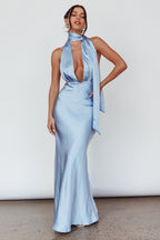 Italia Azure Halterneck Maxi Dress Blue  GEMMACHIC
