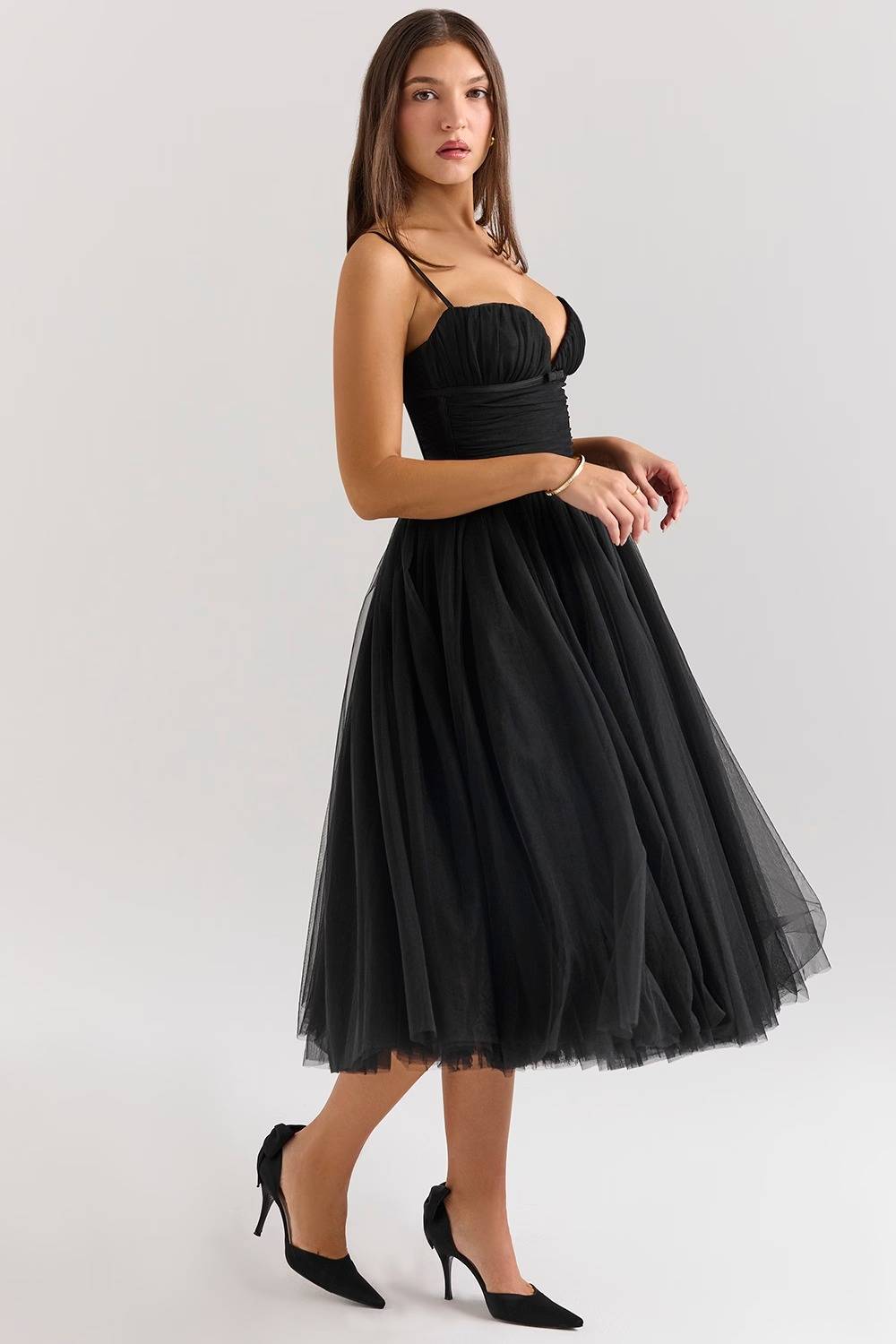 COUNTESS Black Tulle Ruched Bodice Midi Dress  Gemma Chic