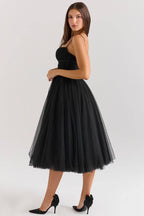 COUNTESS Black Tulle Ruched Bodice Midi Dress  Gemma Chic
