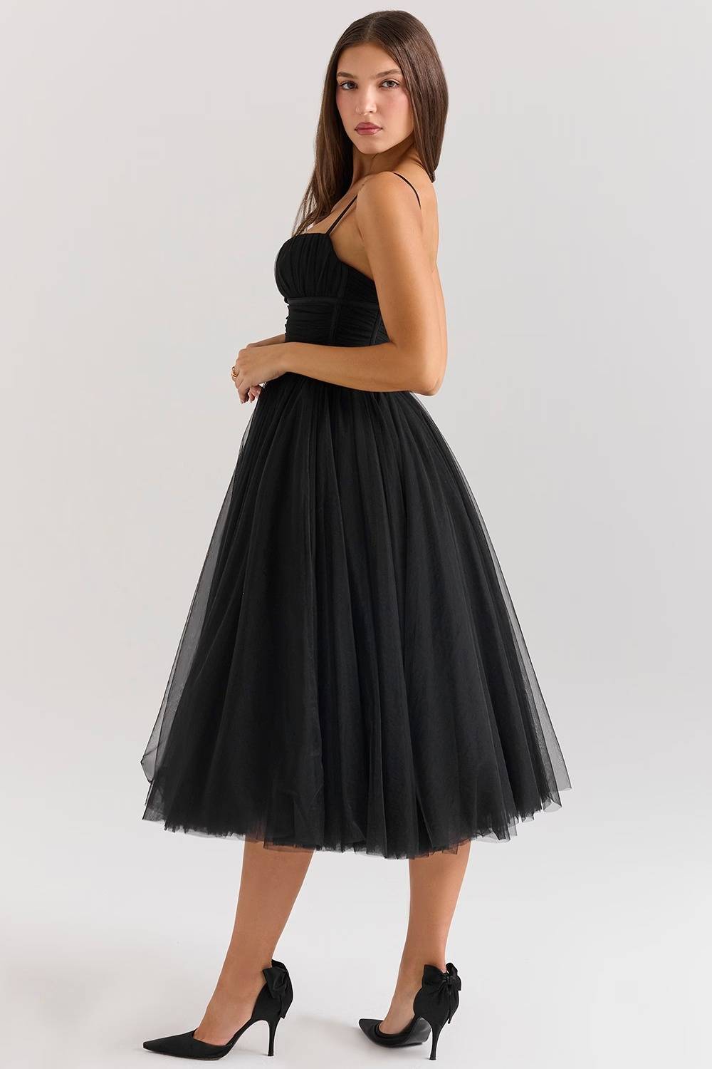 COUNTESS Black Tulle Ruched Bodice Midi Dress  Gemma Chic