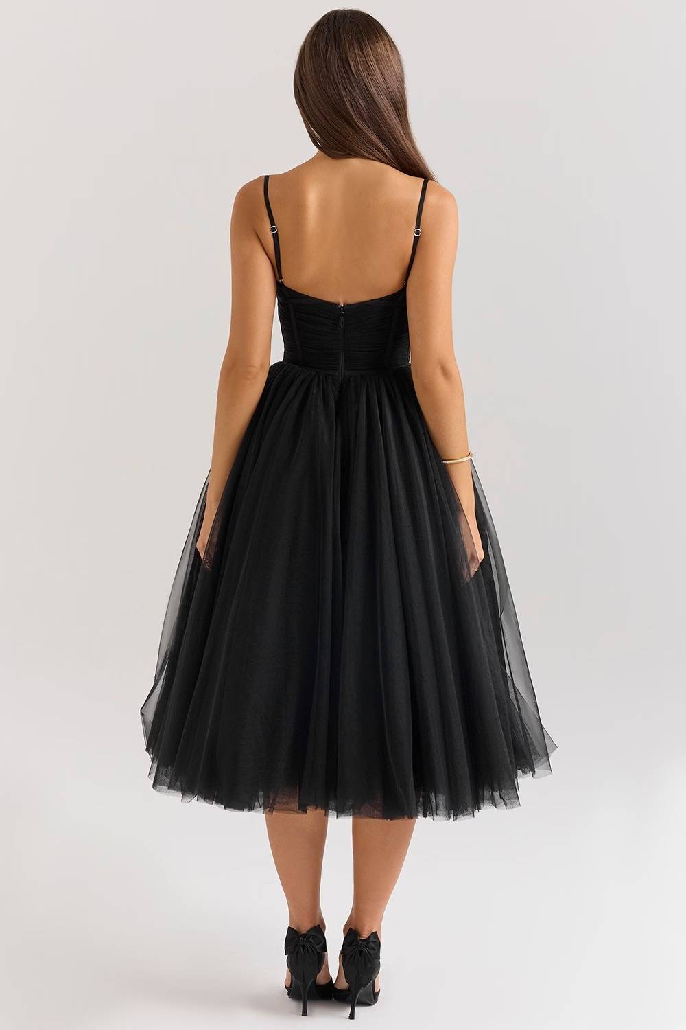 COUNTESS Black Tulle Ruched Bodice Midi Dress  Gemma Chic