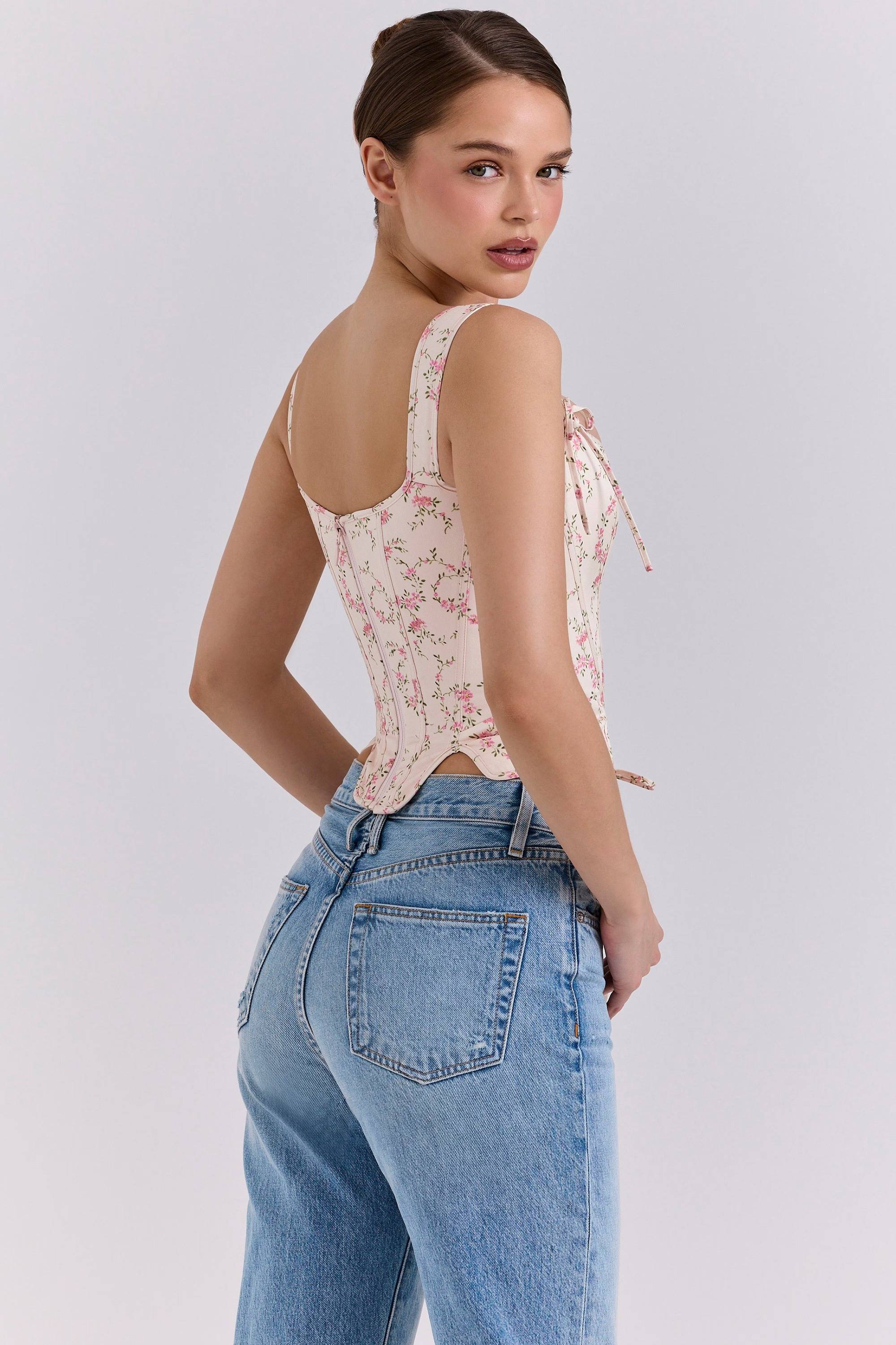 Callie Cream Vintage Floral Cotton Corset Top  Gemma Chic