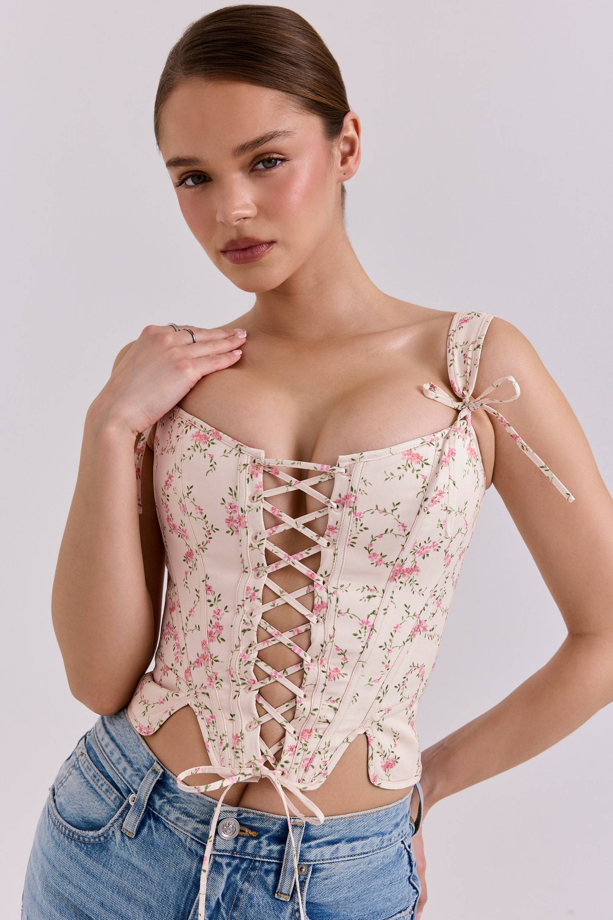 Callie Cream Vintage Floral Cotton Corset Top  Gemma Chic