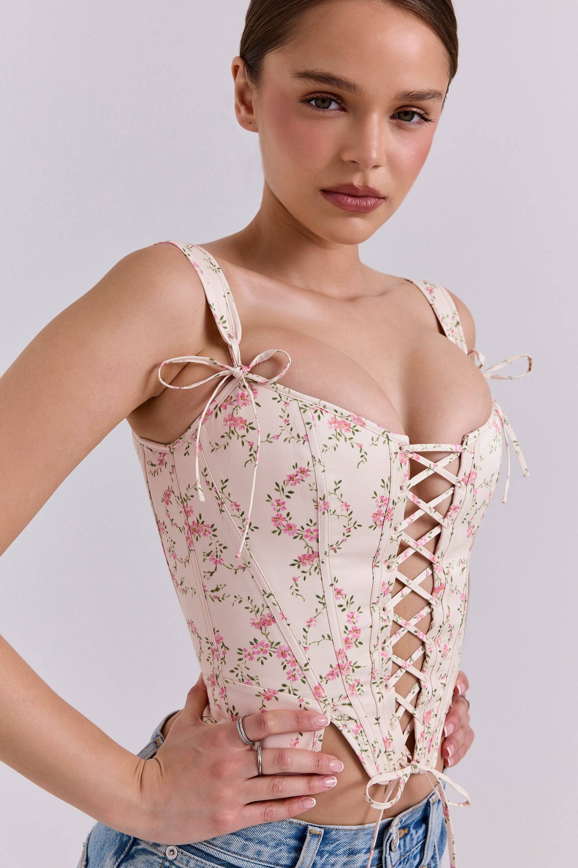 Callie Cream Vintage Floral Cotton Corset Top  Gemma Chic