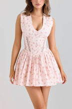 Carmel Pink Stretch Cotton Floral Print Mini Dress  Gemma Chic