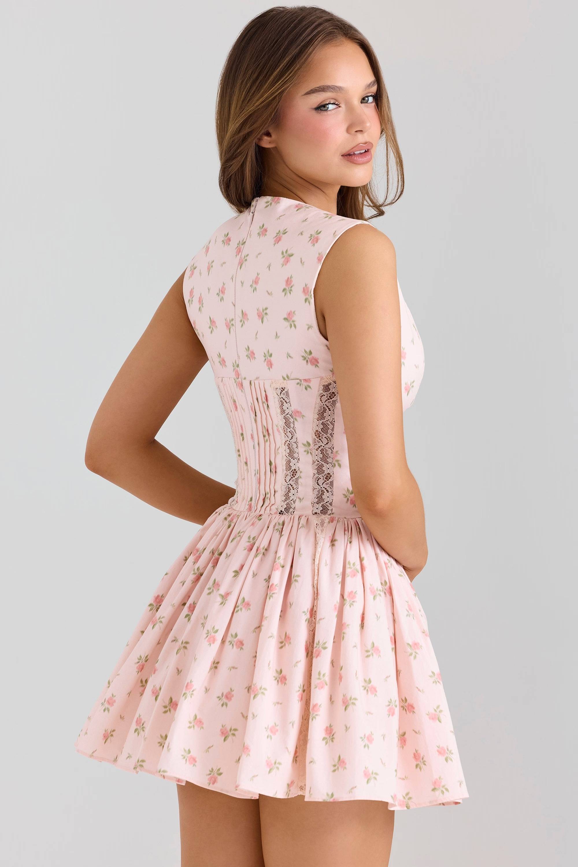 Carmel Pink Stretch Cotton Floral Print Mini Dress  Gemma Chic