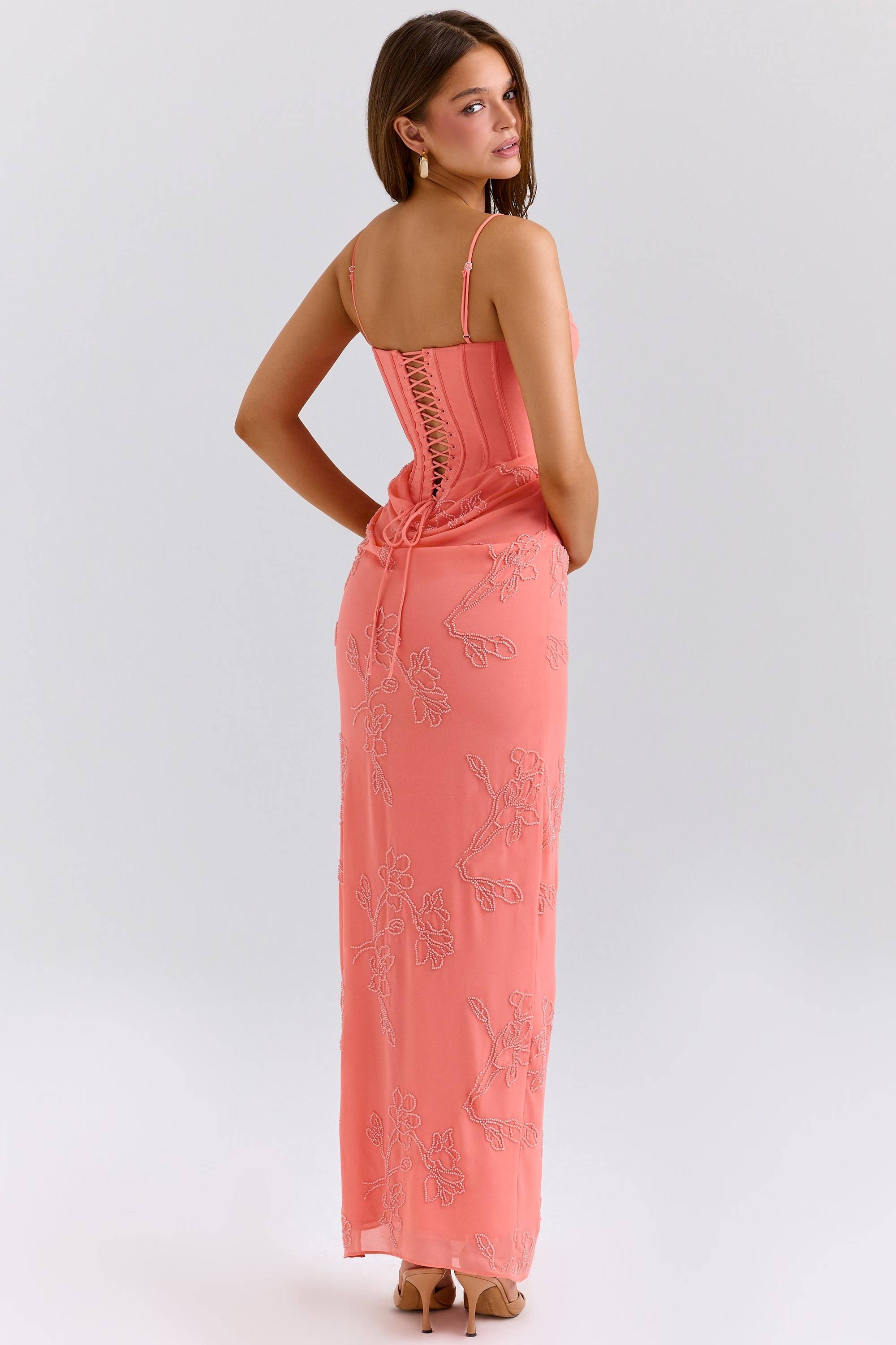 Coral Embellished Hand Beaded Maxi Dress  Gemma Chic