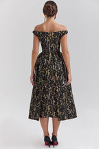 CHARMING Gold And Berry Lace Midi Off Shoulder Dress  Gemma Chic