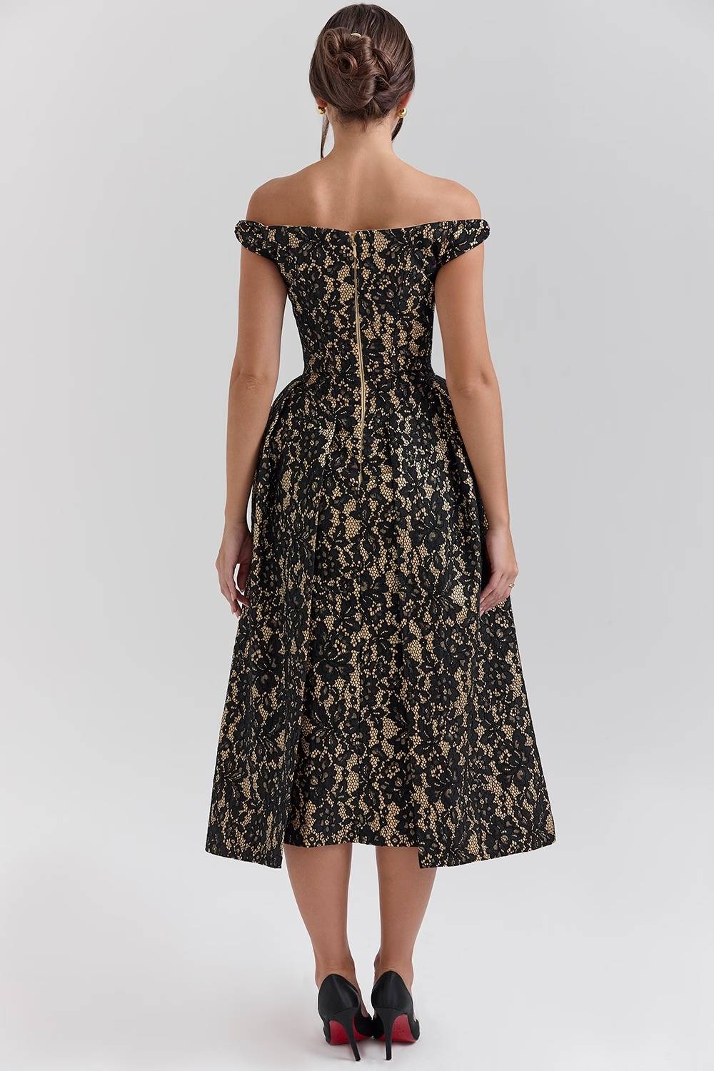 CHARMING Gold And Berry Lace Midi Off Shoulder Dress  Gemma Chic