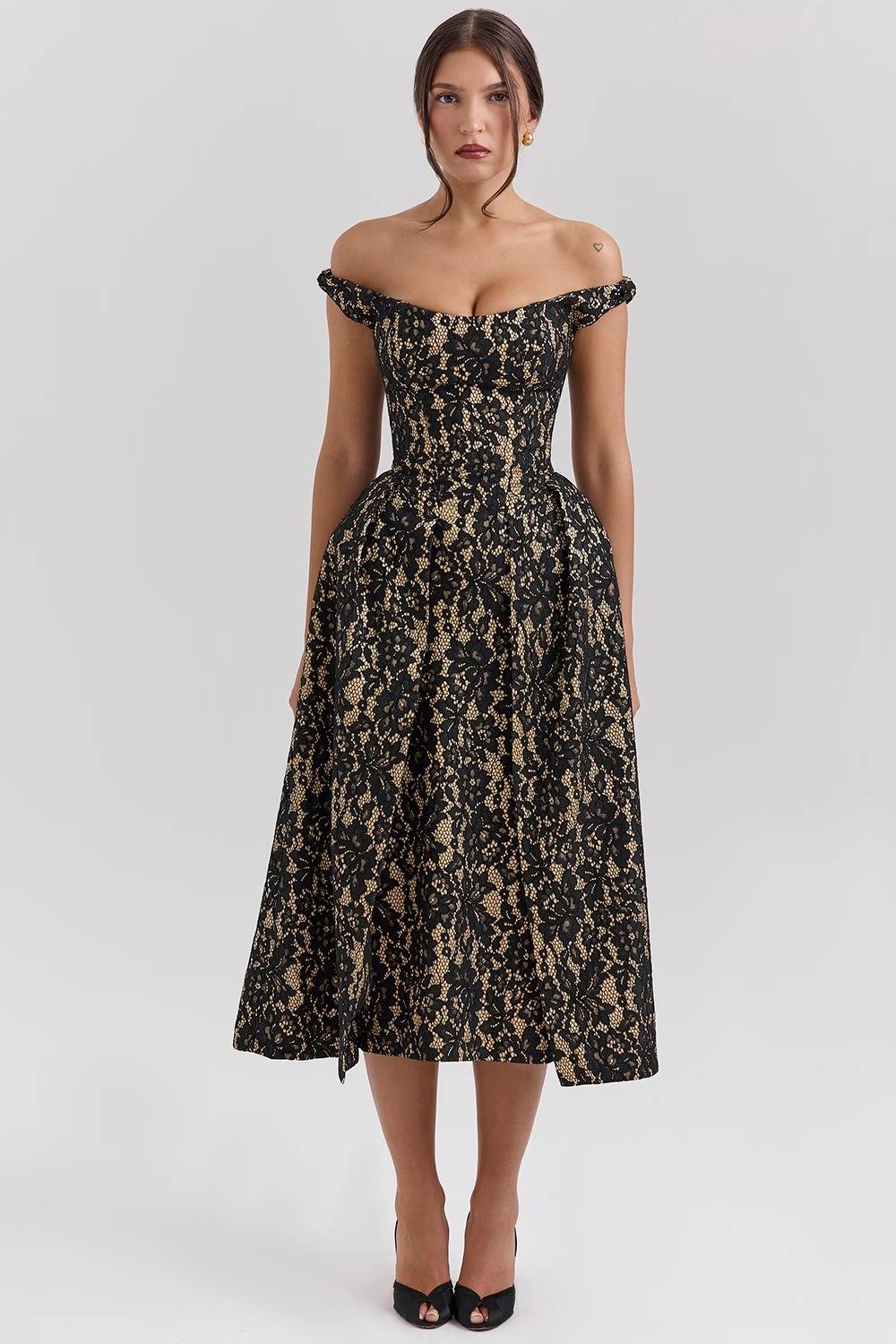 CHARMING Gold And Berry Lace Midi Off Shoulder Dress  Gemma Chic