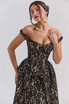 CHARMING Gold And Berry Lace Midi Off Shoulder Dress  Gemma Chic