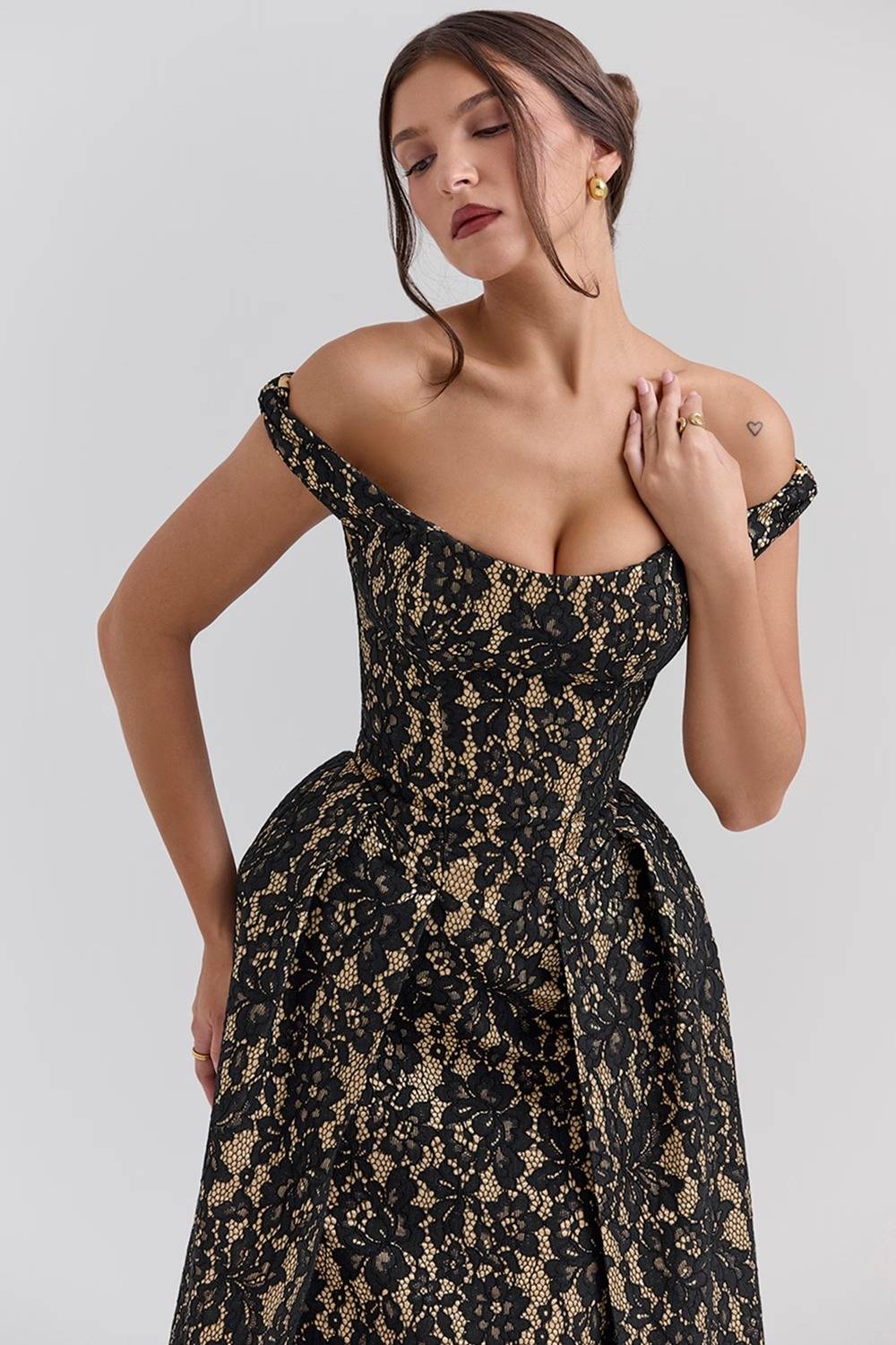 CHARMING Gold And Berry Lace Midi Off Shoulder Dress  Gemma Chic