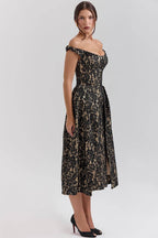 CHARMING Gold And Berry Lace Midi Off Shoulder Dress  Gemma Chic