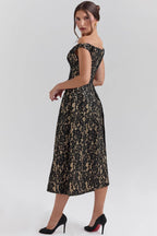 CHARMING Gold And Berry Lace Midi Off Shoulder Dress  Gemma Chic