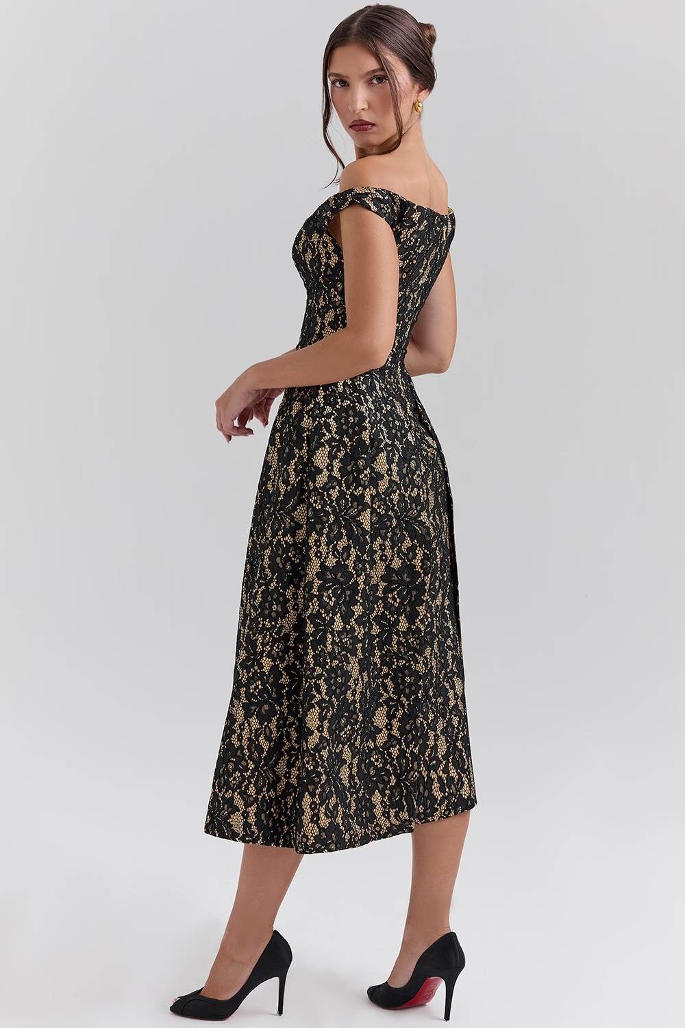 CHARMING Gold And Berry Lace Midi Off Shoulder Dress  Gemma Chic