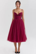 COUNTESS Black Tulle Ruched Bodice Midi Dress  Gemma Chic