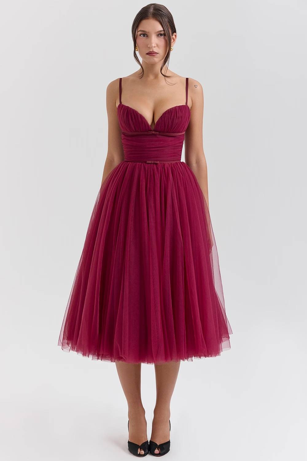 COUNTESS Black Tulle Ruched Bodice Midi Dress  Gemma Chic