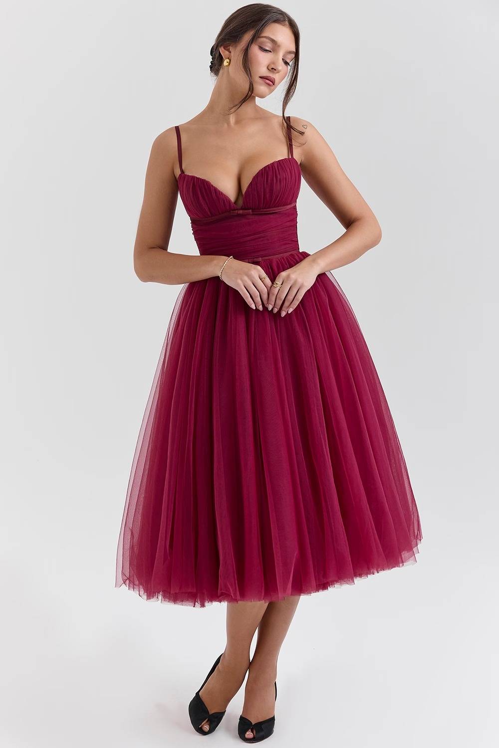 COUNTESS Black Tulle Ruched Bodice Midi Dress  Gemma Chic