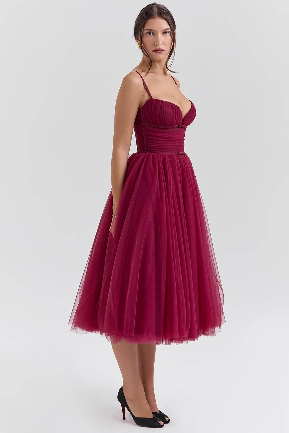 COUNTESS Black Tulle Ruched Bodice Midi Dress  Gemma Chic