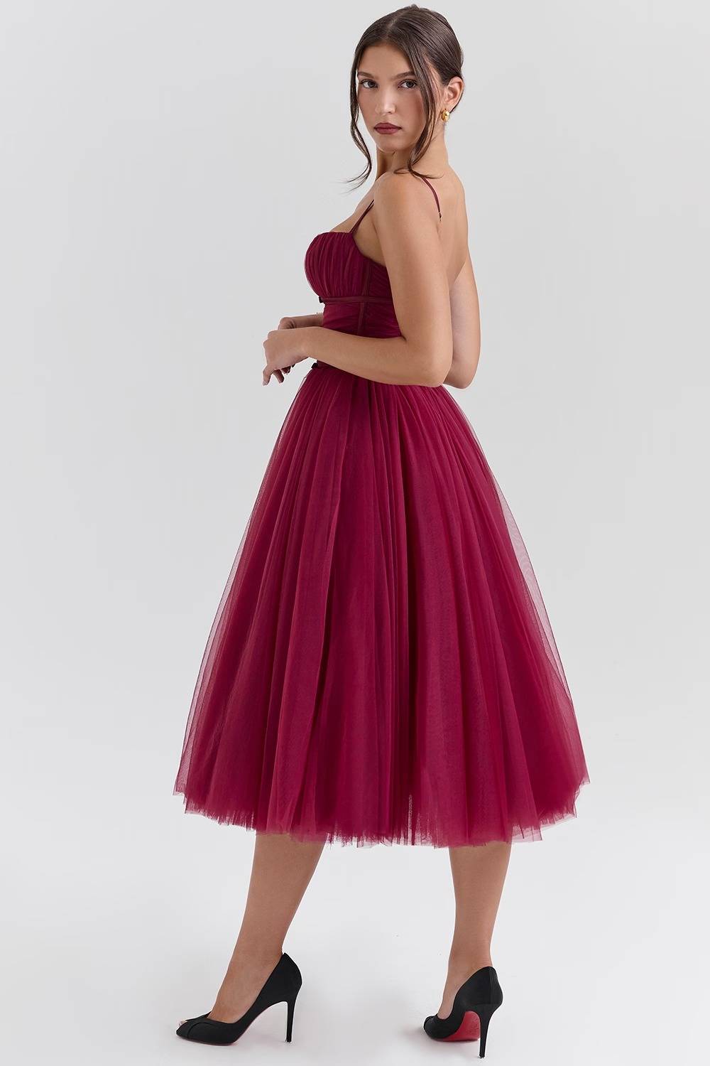 COUNTESS Black Tulle Ruched Bodice Midi Dress  Gemma Chic