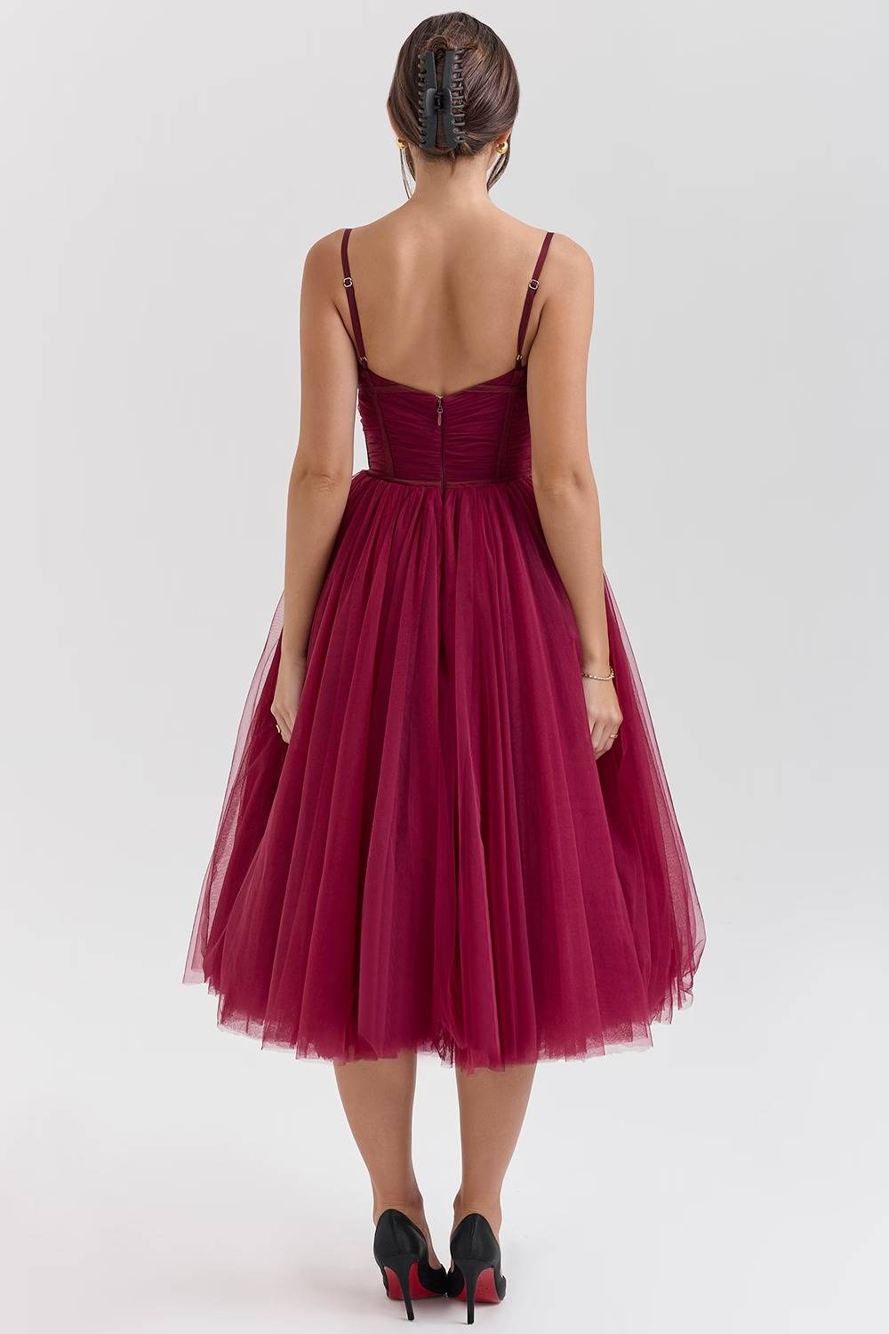 COUNTESS Black Tulle Ruched Bodice Midi Dress  Gemma Chic