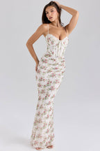 Cream Rose Print Mesh Maxi Dress  Gemma Chic