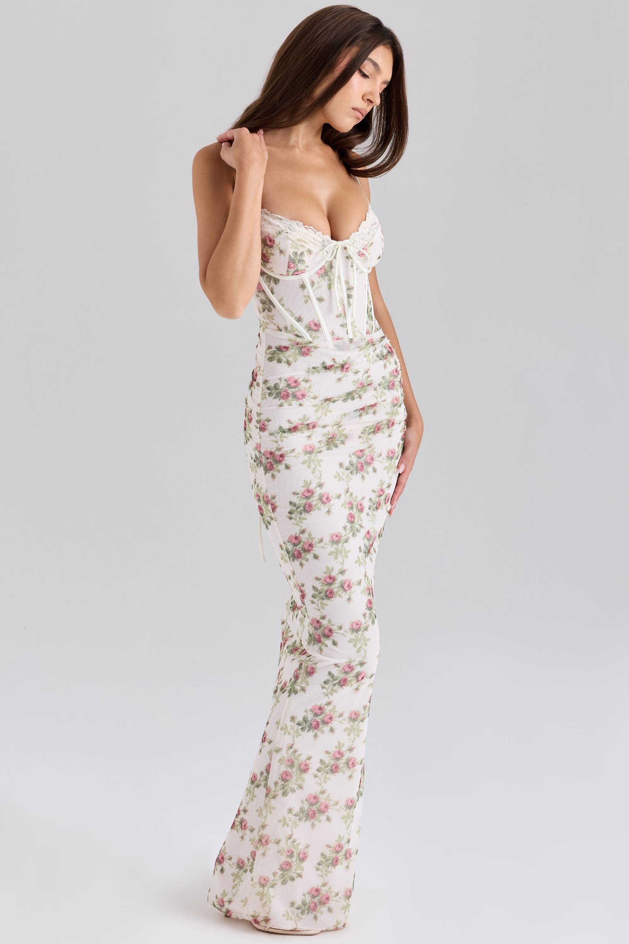 Cream Rose Print Mesh Maxi Dress  Gemma Chic