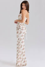 Cream Rose Print Mesh Maxi Dress  Gemma Chic