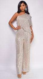 Rebecca Champagne Gold One Sleeve Sequin Jumpsuit  GEMMACHIC