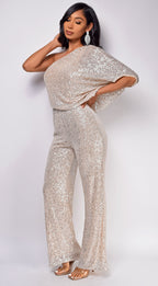Rebecca Champagne Gold One Sleeve Sequin Jumpsuit  GEMMACHIC