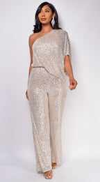 Rebecca Champagne Gold One Sleeve Sequin Jumpsuit  GEMMACHIC