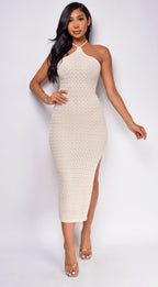 Athenia Light Beige Crochet Knit Midi Dress  GEMMACHIC