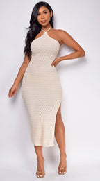 Athenia Light Beige Crochet Knit Midi Dress  GEMMACHIC