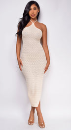 Athenia Light Beige Crochet Knit Midi Dress  GEMMACHIC