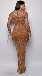 Emiliana Rhinestone Pearl Maxi Dress - Brown  GEMMACHIC