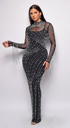 Emiliana Rhinestone Pearl Maxi Dress - Black  GEMMACHIC