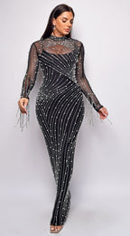 Emiliana Rhinestone Pearl Maxi Dress - Black  GEMMACHIC