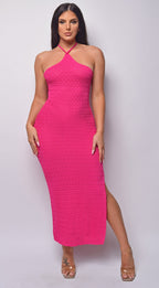 Athenia Fuchsia Pink Crochet Knit Midi Dress  GEMMACHIC