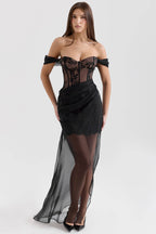 DEBUT Black Off Shoulder Lace Maxi Dress  Gemma Chic