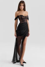 DEBUT Black Off Shoulder Lace Maxi Dress  Gemma Chic