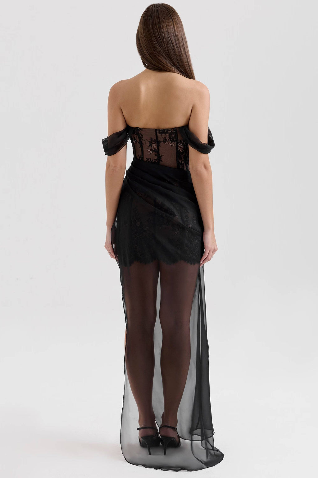 DEBUT Black Off Shoulder Lace Maxi Dress  Gemma Chic