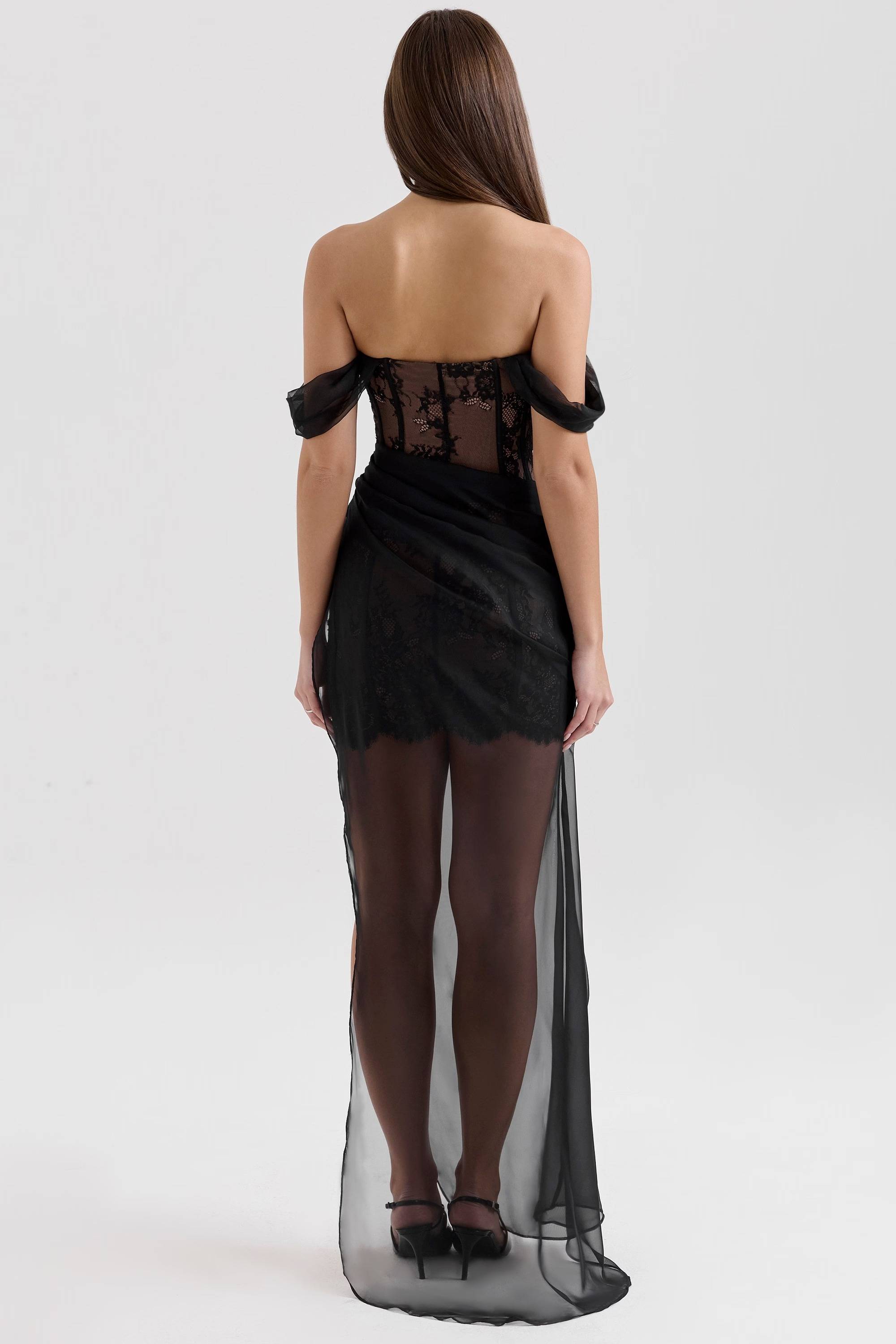 DEBUT Black Off Shoulder Lace Maxi Dress  Gemma Chic