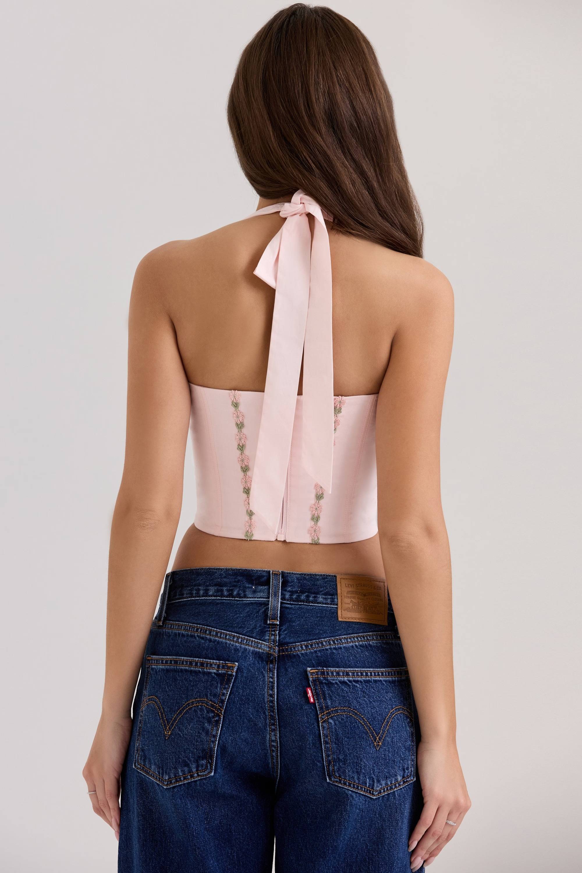 Demi Pink Floral Embroidered Stretch Cotton Corset Top  Gemma Chic