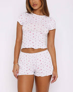 Dreamy Pyjama Top And Shorts Two-Piece Set Pink Blossom Loungewear  GEMMACHIC