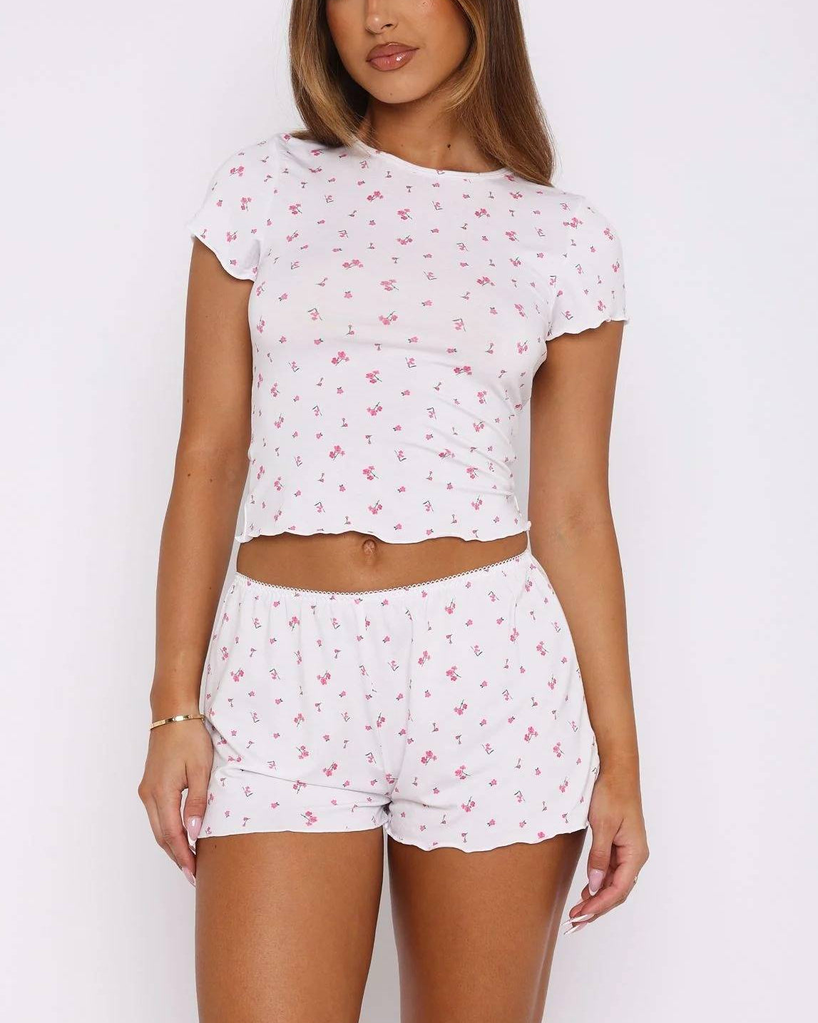 Dreamy Pyjama Top And Shorts Two-Piece Set Pink Blossom Loungewear  GEMMACHIC